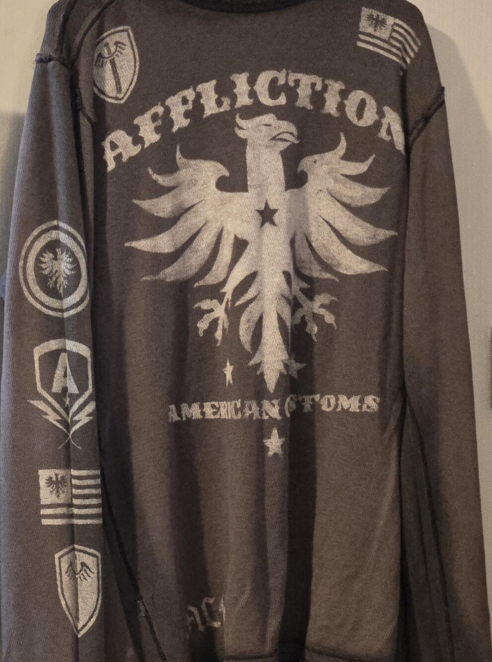 Affliction Reversible Men's Charcoal Crewneck with White Eagle Graphic